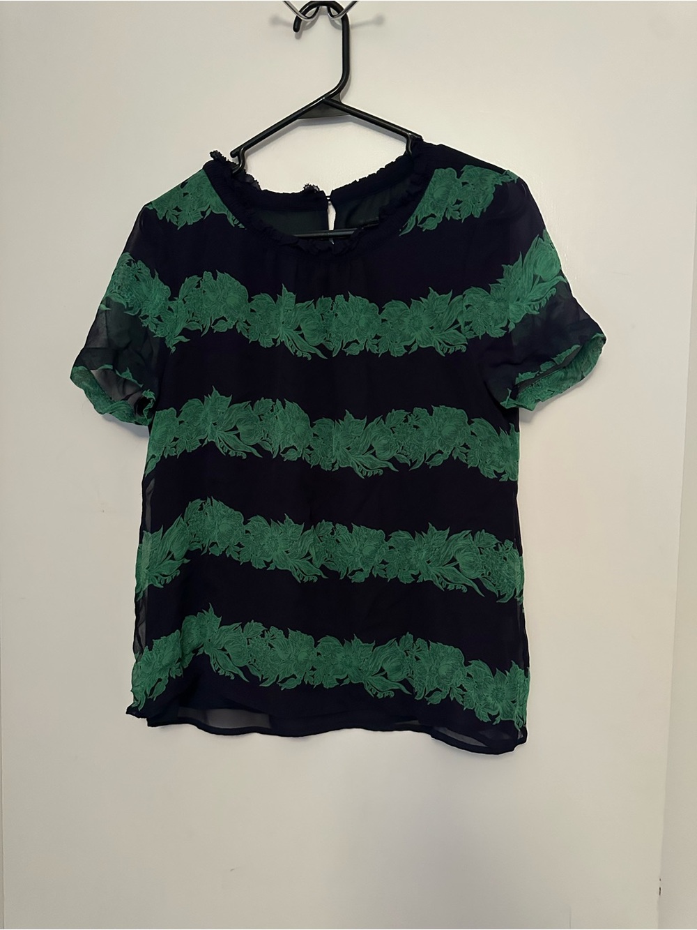 J. Crew Navy Blue Blouse with Green Floral Bands